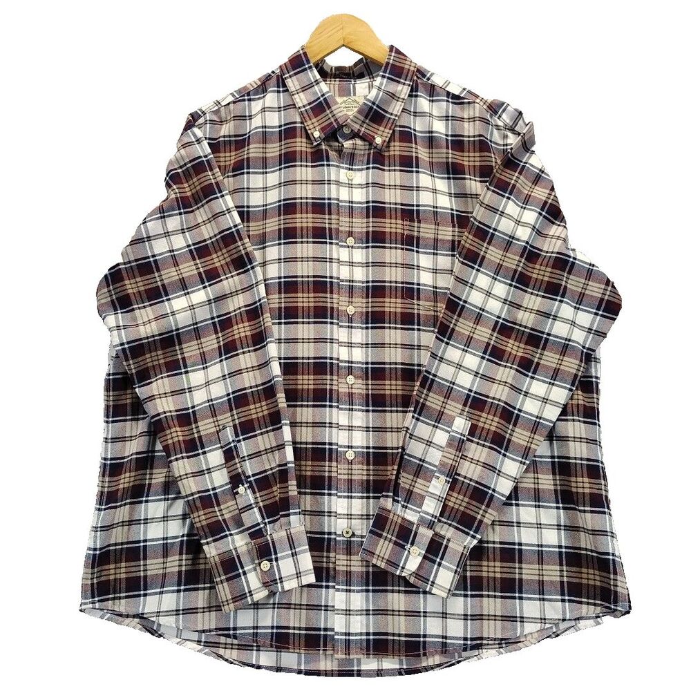 St Johns Bay Mens XXL Blue Beige Plaid Shirt Long Sleeve Easy Care Button Up